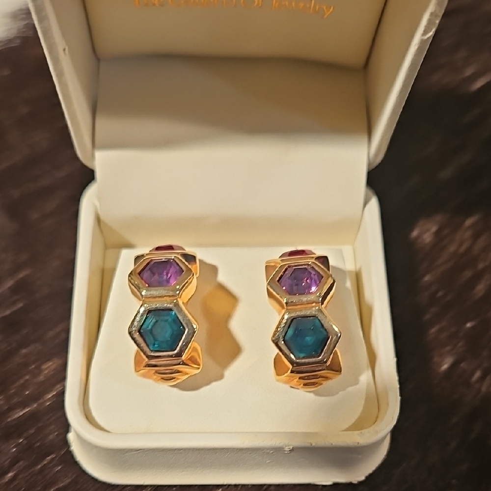 Swarovski Hexagon Hoop Earrings Colorful Stones